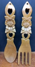 Vintage Hand Carved Flower + Heart Wooden Spoon & Fork Wall Decor For Salads 16"