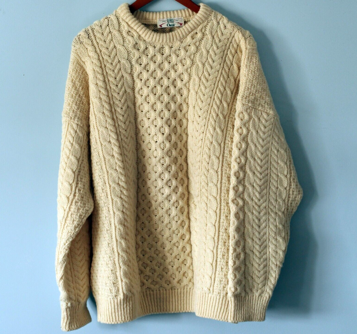 Orvis Men's Cable Knit Sweater Size XL Ivory White Pure Wool Vintage