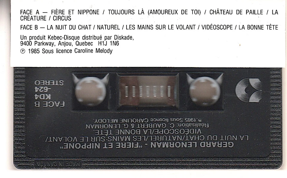 CANADA 1985 DOLBY POP CHANSON CASSETTE GERARD LENORMAN : FIERE ET NIPPONE - Image 2 of 3