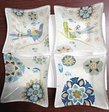 Prima Square Art Glass 5" Appetizer Plates / Bowls   Peacock / Floral   Set of 4