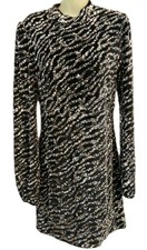 Guess Women US L Zoe Sequin Long Sleeve Dress Blk/Silver Zebra Cocktail Holiday 