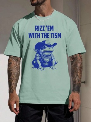 Men's Cartoon Frog & Letter Print Round Neck Tee, Regular Fit Street Casual