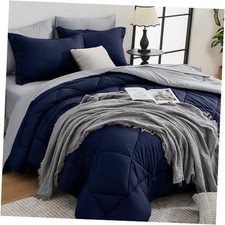 Comforter Set - 7-Piece All Season Bed in a Bag Ultra King Navy Blue Grey