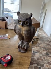 Vintage Halloween Decor 15” Tall Paper Mache Owl Hunting Decoy Glass Eyes Sprayd