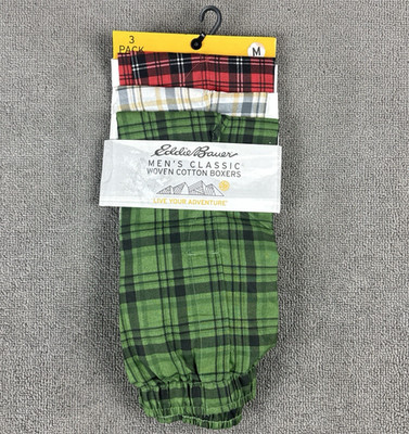 Eddie Bauer Classic Woven Cotton Boxer Underwear Mens Medium 3 Pack Plaid NEW