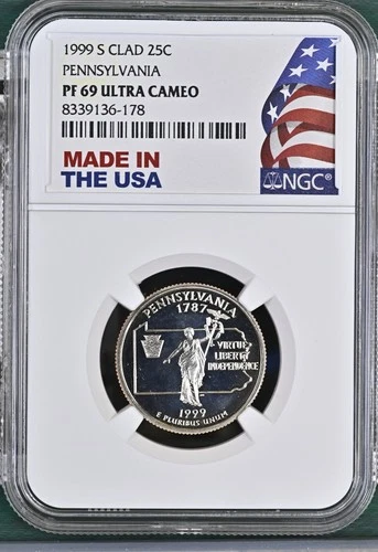 1999-S Silver Clad 25c Quarter Pennsylvania NGC PF69 Ultra Cameo USA Flag Label