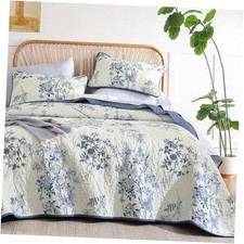 Floral Quilt Set Queen,Botanical Leaf  Butterfly Pattern Queen 96" 90" Blue