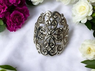 Boho Silver Elaborate Filigree Open Work Scroll Design Wide Band Size 9 Ring