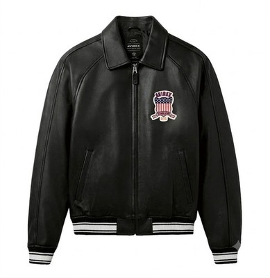 Men's Avirex Black USA Icon Flight Bomber Jacket Genuine Cowhide Leather Jacket