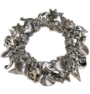 SEA LIFE SEA SHELL STARFISH CHARM STRETCH SILVER BRACELET NEW