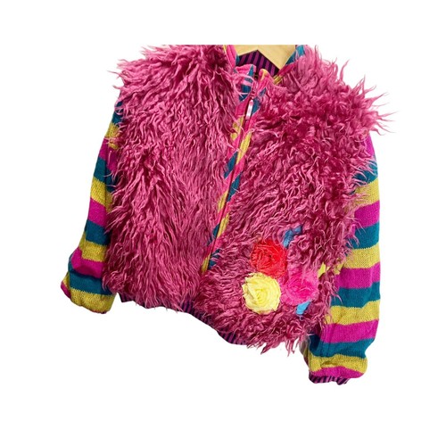 Zaza Couture Girl’s Sz 4 Pink Yellow Blue Knit Striped Zip Up Jacket Floral Fuzz - Picture 4 of 4