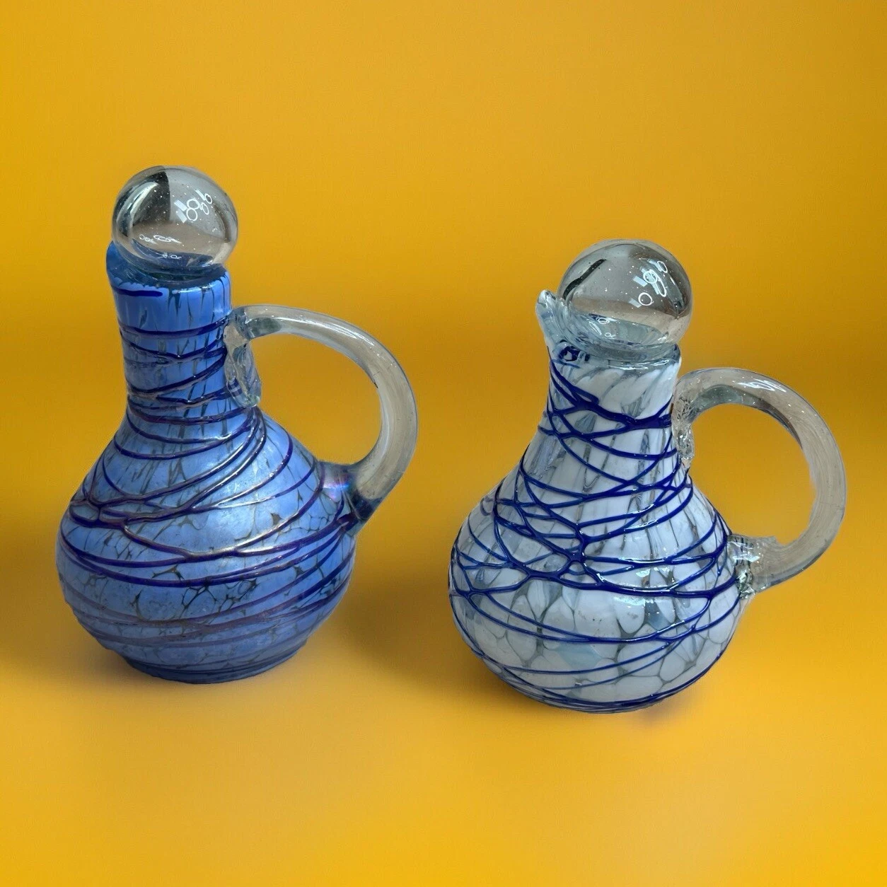 2 Vintage Hand Blown Art Glass Pouring Bottles - 6” Oil & Vinegar Cruets - Swirl