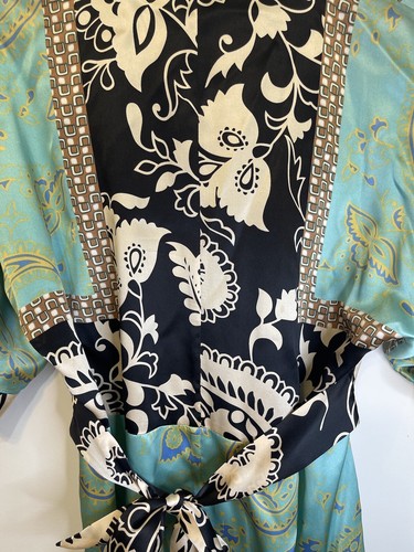 Single Silk Dress Kimono V Neck Aqua Black Floral Tie waist L Flowy Artsy - Picture 3 of 14