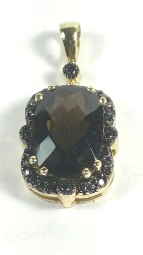 1.1" DESIGNER FAS SMOKEY TOPAZ GOLD PLATE STERLING SILVER PENDANT NECKLACE 17" - Picture 4 of 9