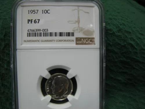 1957 U.S. Roosevelt Dime  Gorgeous PROOF 10 Cents SILVER Coin  NGC Pf 67