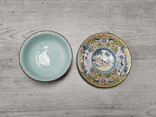 Antique Chinese Enamel Hand Painted Plate Bowl Floral Figural Design 19 Century - Picture 3 of 10