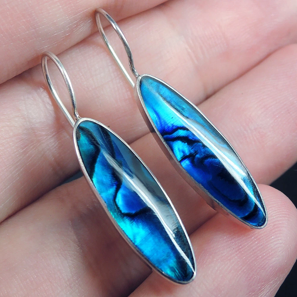 925 Sterling Silver Long Blue Abalone Shell Earrings Hand Made Jewellery PAE 21