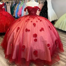 Red Off Shoulder 3D Floral Quinceanera Dresses Glitter Ball Gown Sweet 16 Dress
