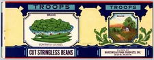 Troops String Beans Paper Can Label Montsweag Food Products Bath ME c1936-40's