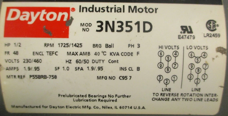 Dayton 3N351D Industrial Motor 3PH 1725/1425RPM 1/2HP 1/2" Shaft Dia - Image 3 of 4