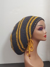 Crochet Charcoal And Saffron Stripe Tam Beanie Hat Large