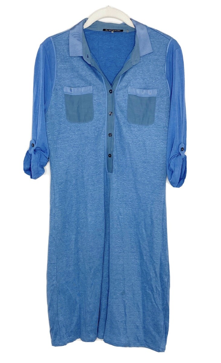tahari linen shirt dress ELIE Blend Short sleeve Buttons Blue Size Small D5 510 tallModel is wearing a US size 4/Small Tahari Red Linen Blend Sleeveless