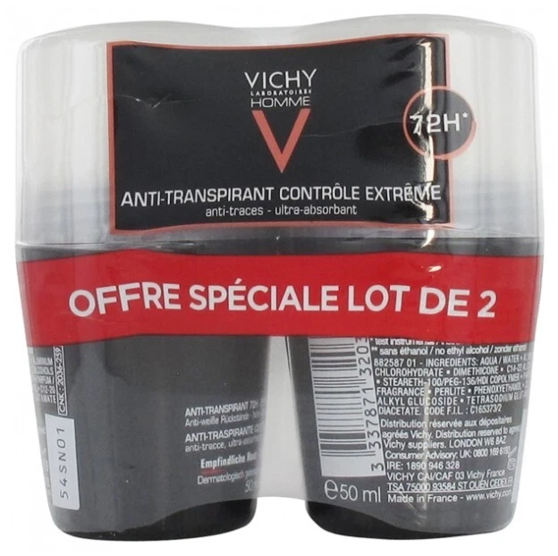 PACK 2 desodorantes antitranspirantes Vichy Homme 72HR Extreme Control 50 ml Foto 2 de 4