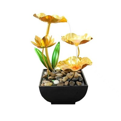 Gold Tabletop Water Fountain Indoor Lotus Desktop Waterfall Home Decor Gift