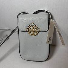 TORY BURCH MILLER PHONE CROSSBODY BAG LEATHER FEATHER GREY NWT