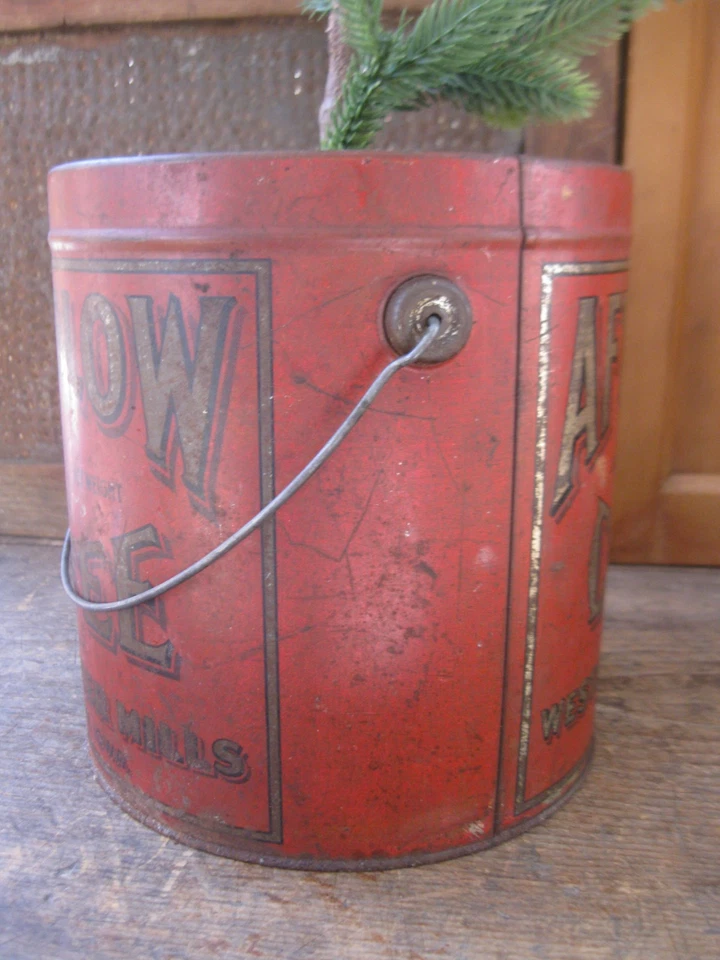 LG Antique Tin After Glow Coffee Pail w Primitive Christmas Tree - Image 4 of 4