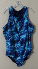 Lands End Women  s Plus Size One Piece Snap Front Swimsuit Blue 24W NWOT
