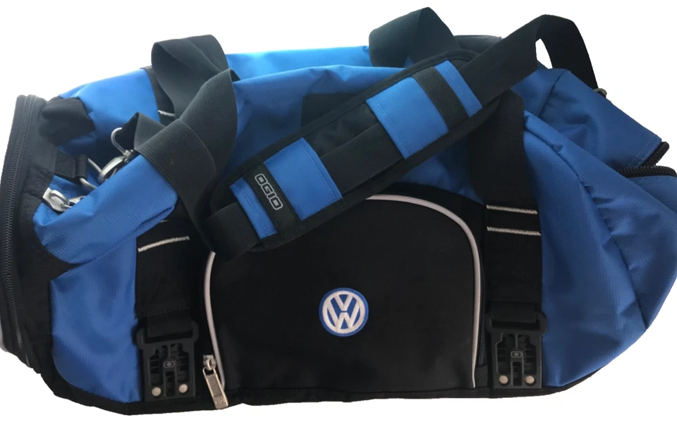 L Big Dome Duffle Gym Bag Black Blue VW Branded Shoe Compartment Embroidered - Image 2 of 4