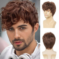 Men's Brown Short Curly Wig Synthetic Heat Resistant Fiber Natural Hair for