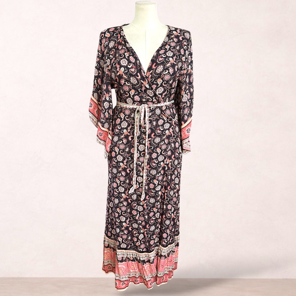 BELLA BOHEME  Black Wrap Maxi Dress Size XL Boho Floral Half Sleeve Rayon