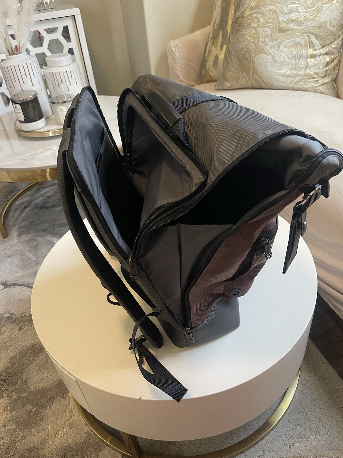 TUMI Cypress Roll Top Backpack Gray Red and black ￼ image 8