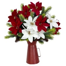 Artificial Poinsettia Flowers with Metal Vase, Christmas Floral Arrangements ...