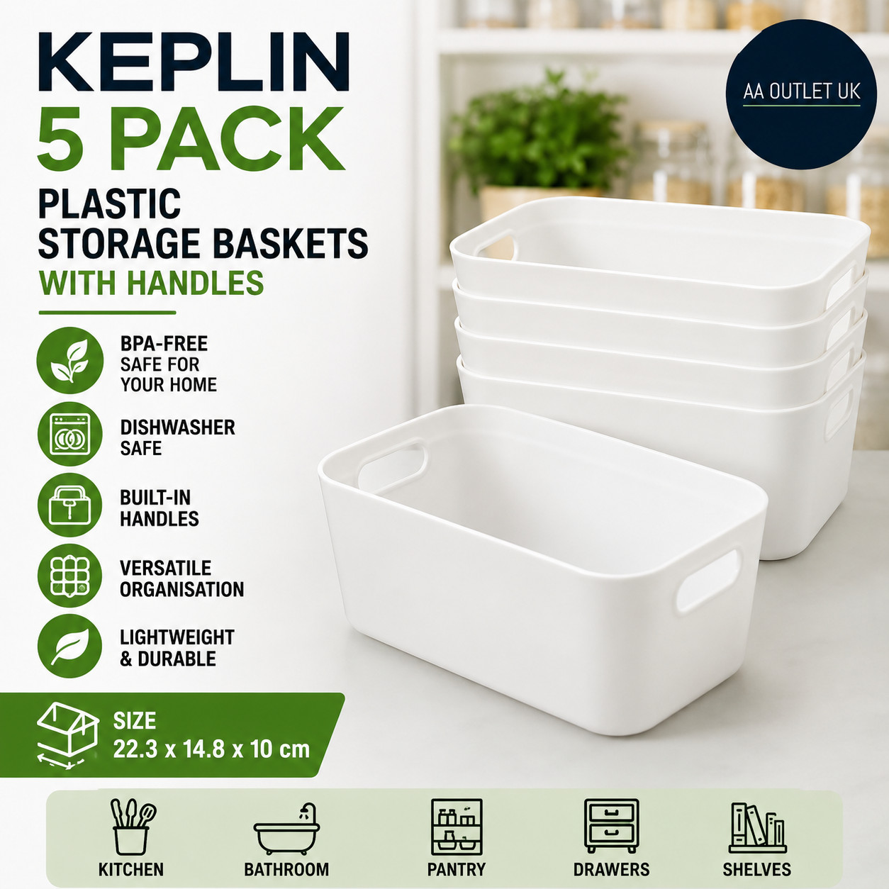 KEPLIN 5 Pack Plastic Storage Baskets Handles BPA Free Organiser 22.3x14.8x10cm