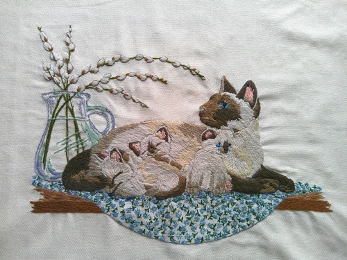 Mother's Pride Siamese cat & kittens wool vintage embroidery panel unfinished