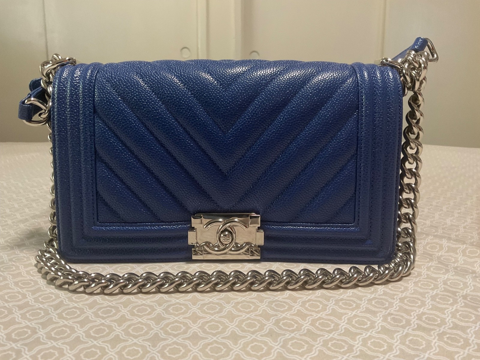 CHANEL Boy Blue Caviar Silver Hardware Leather Bag Medium. image 3