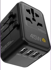 Universal Travel Adapter, GaN 45W Universal Adapter Plug with PD Fast Charging,