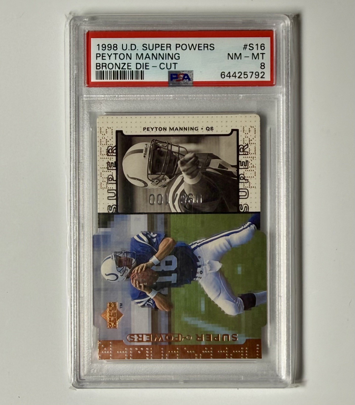 1998 Peyton Manning UD Super Powers Quantum Bronze Die Cut #S16 /100 PSA 8 RC view 3