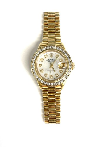 18K YELLOW GOLD LADIES ROLEX PRESITDENT WITH MOP DIAMOND DIAL & BEZEL 69178