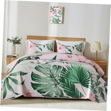 Queen Quilt Bedding Set,Green Botanical Full/Queen 90"x96" Pink Botanical
