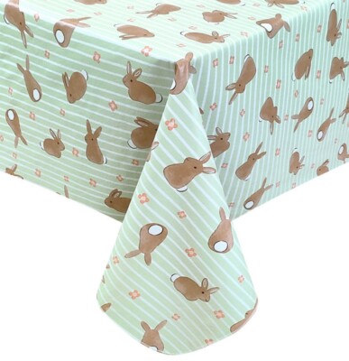 Hippy Hop Easter Bunny Vinyl Teal Tablecloth 60'' x 84  - Celebrate-New