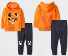 Toddler Boys Halloween Pumpkin Candy Fleece Hoodie Jogger pant Set Glow in Dark