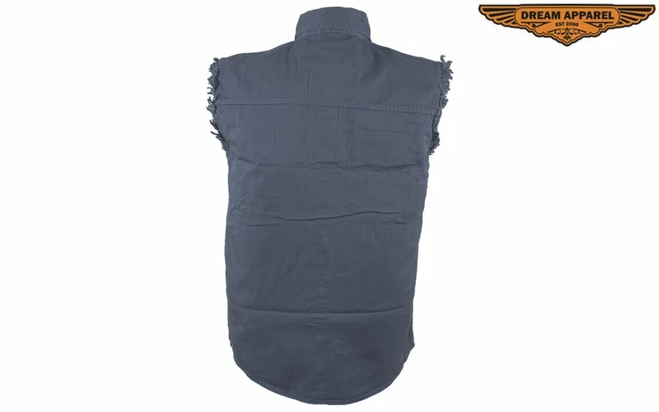 Camisa sin mangas de mezclilla para motociclista con cuello y cierre frontal abotonado para hombre Foto 4 de 4