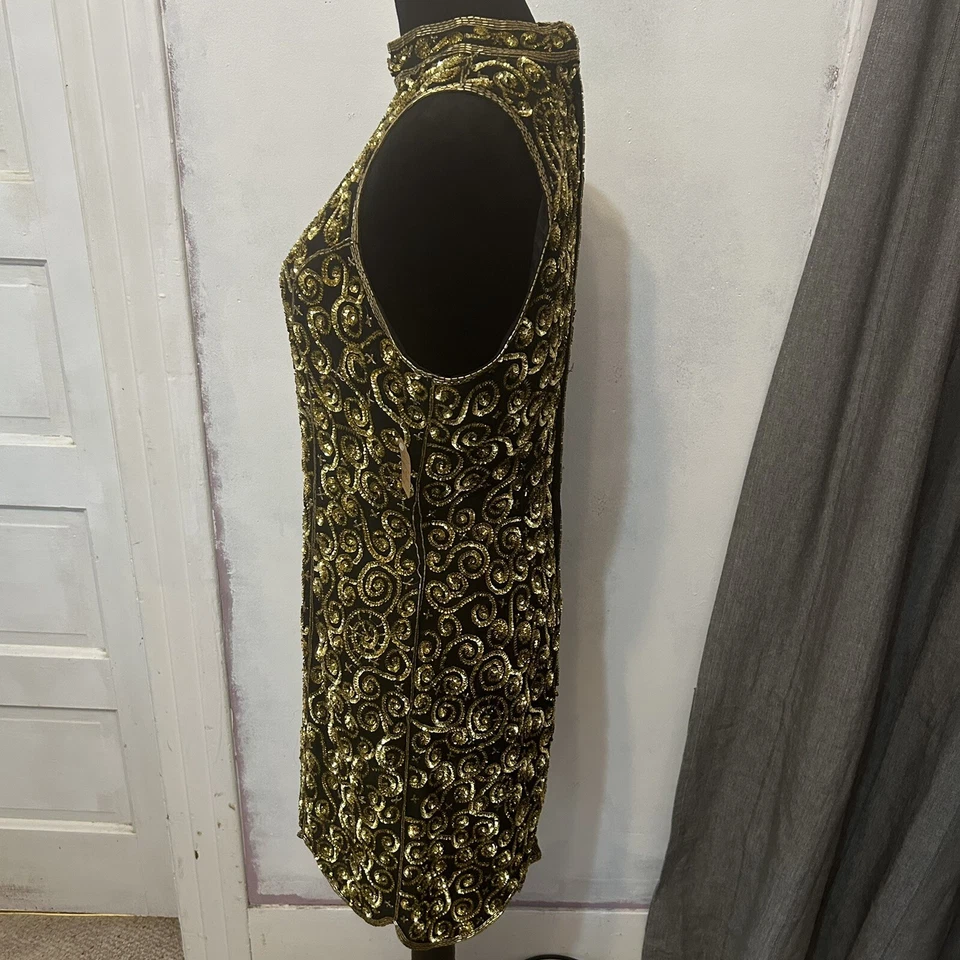 Vestido de cóctel vintage Scala midi seda con cuentas lentejuelas sin mangas 8 dorado negro Foto 3 de 4