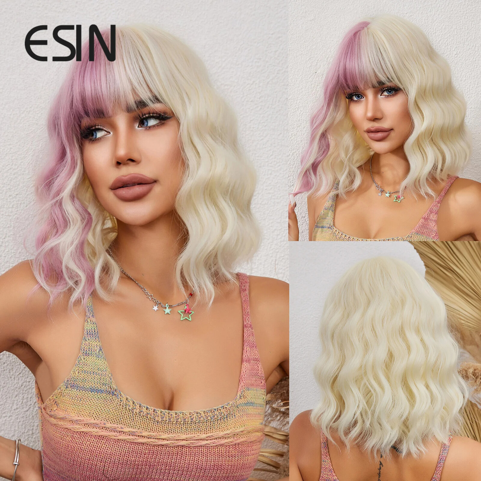 Blonde Pink Mixed Loose Wave Synthetic Bob Wig with Bangs for Cosplay