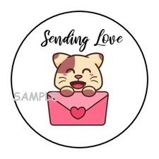 30 CUTE CAT KITTEN SENDING LOVE ENVELOPE SEALS LABELS STICKERS 1.5" ROUND GIFTS