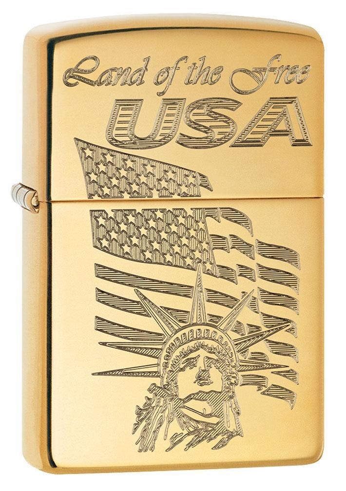 Zippo USA Land of the Free, Engraved Lighter, High Polish Brass NEW IN BOX